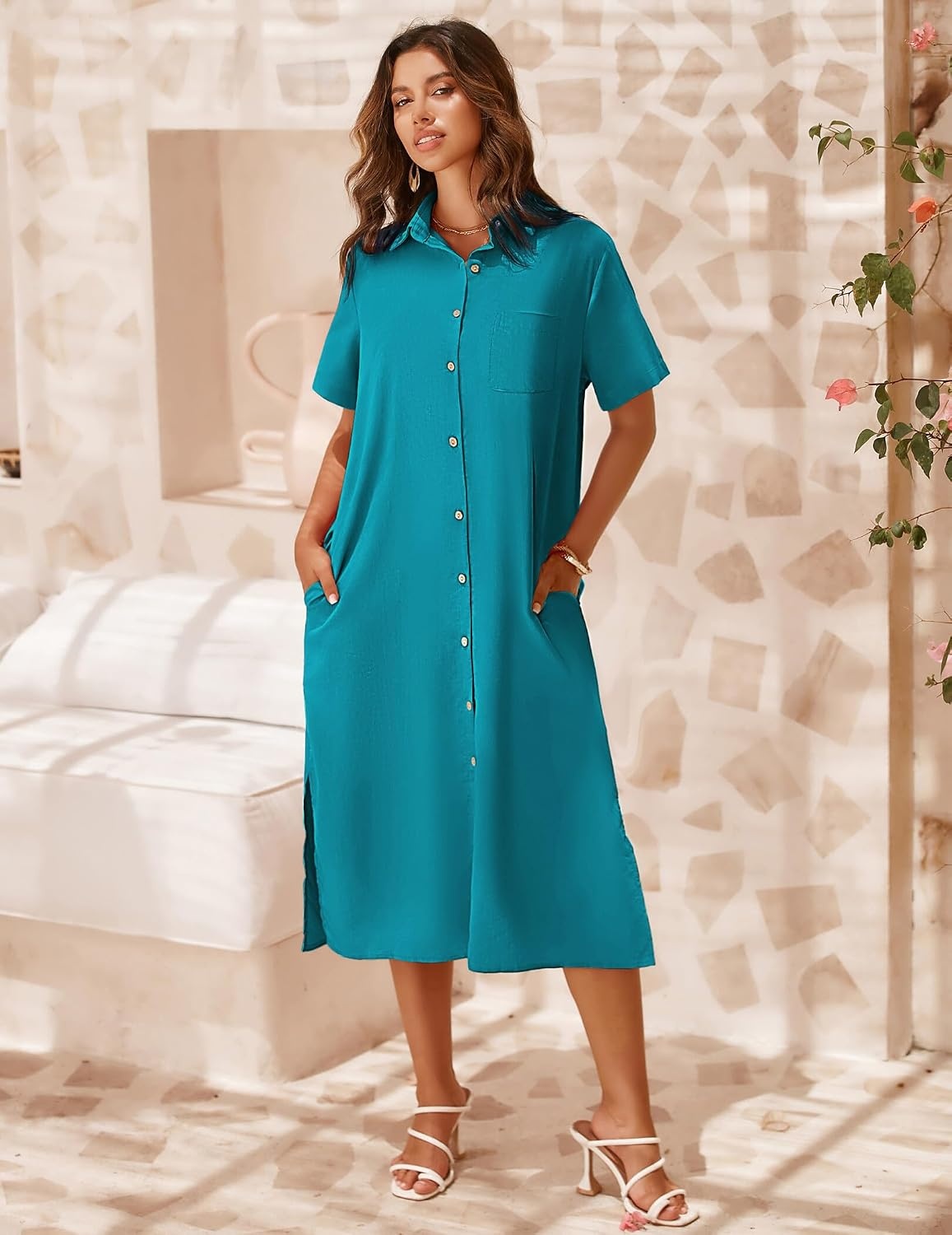 image:imageZeagoo Women Dresses Summer Casual Short Sleeve Button Down Shirt Dresses 2026 Beach Cover Up with PocketsBlue