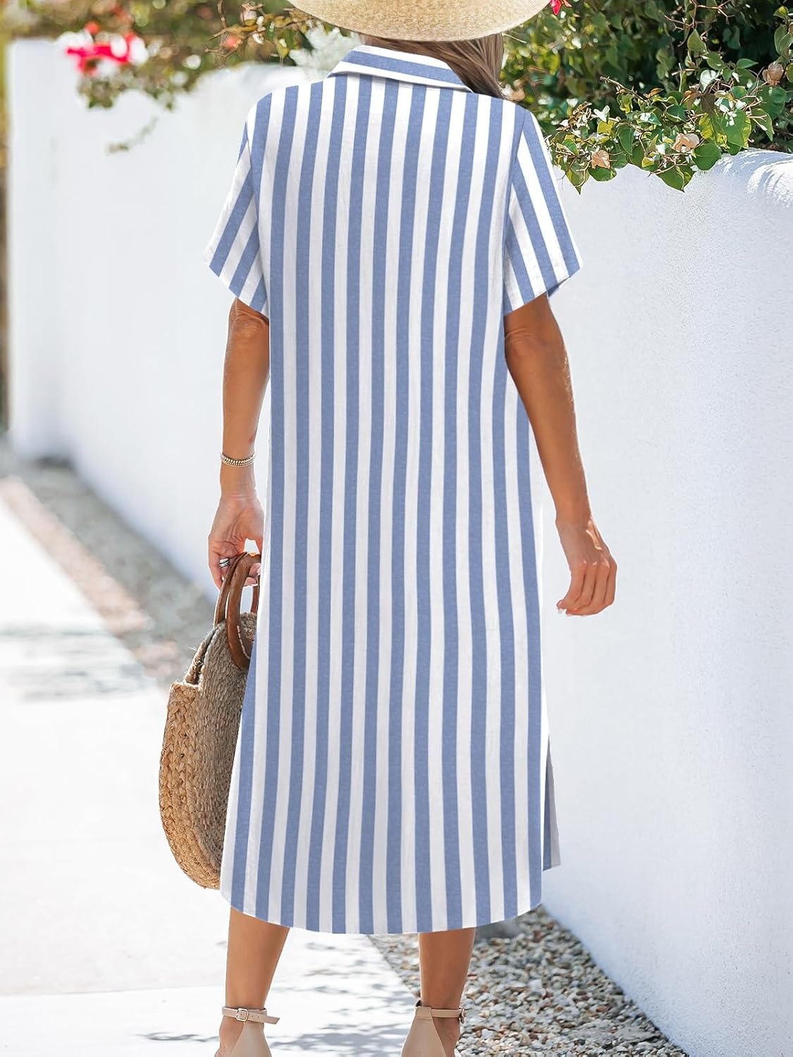 image:imageZeagoo Women Dresses Summer Casual Short Sleeve Button Down Shirt Dresses 2026 Beach Cover Up with PocketsBluewhite Stripe