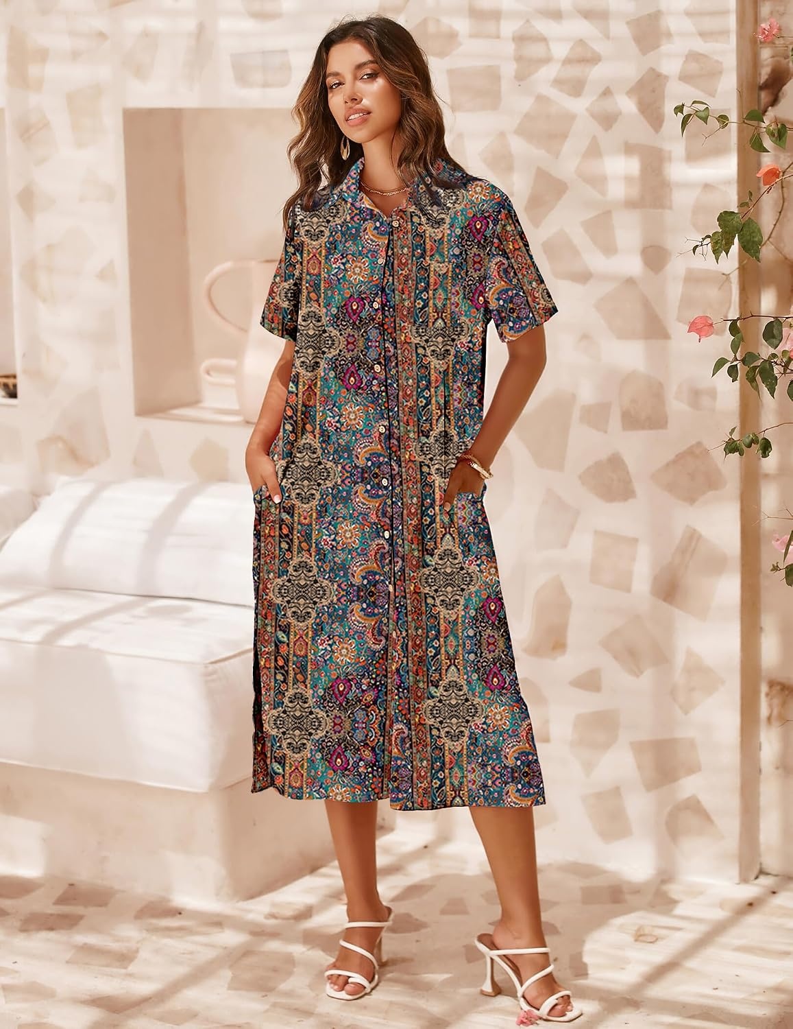image:imageZeagoo Women Dresses Summer Casual Short Sleeve Button Down Shirt Dresses 2026 Beach Cover Up with PocketsBoho Print