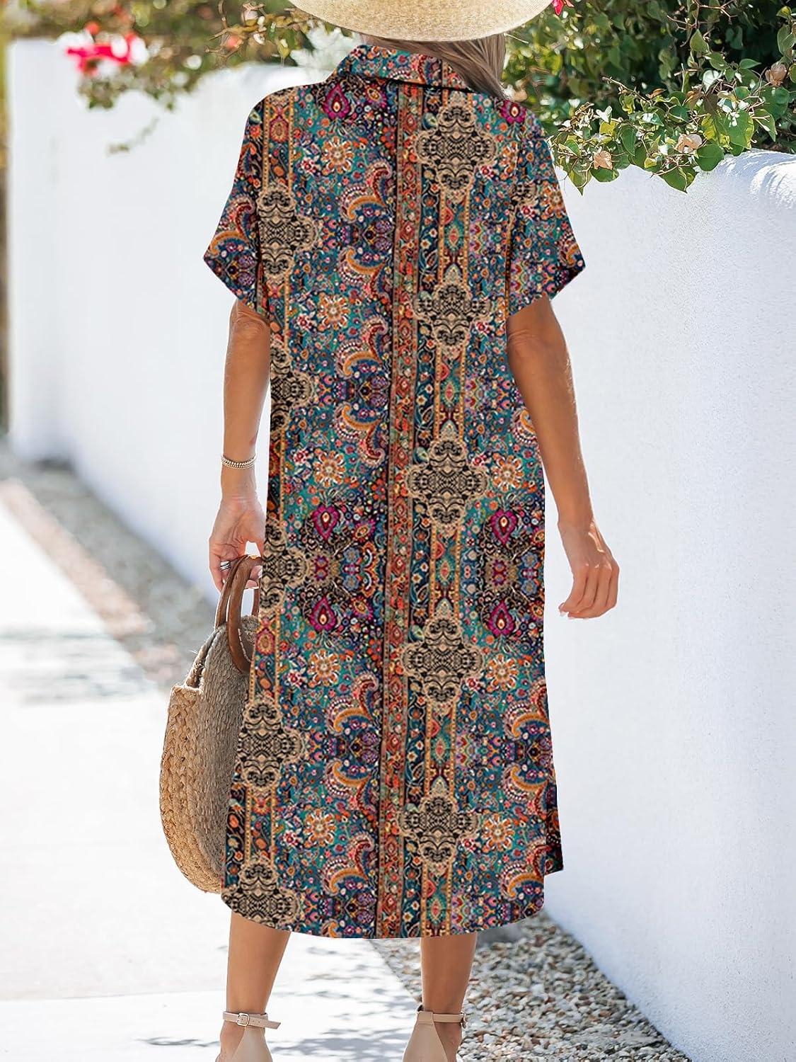 image:imageZeagoo Women Dresses Summer Casual Short Sleeve Button Down Shirt Dresses 2026 Beach Cover Up with PocketsBoho Print