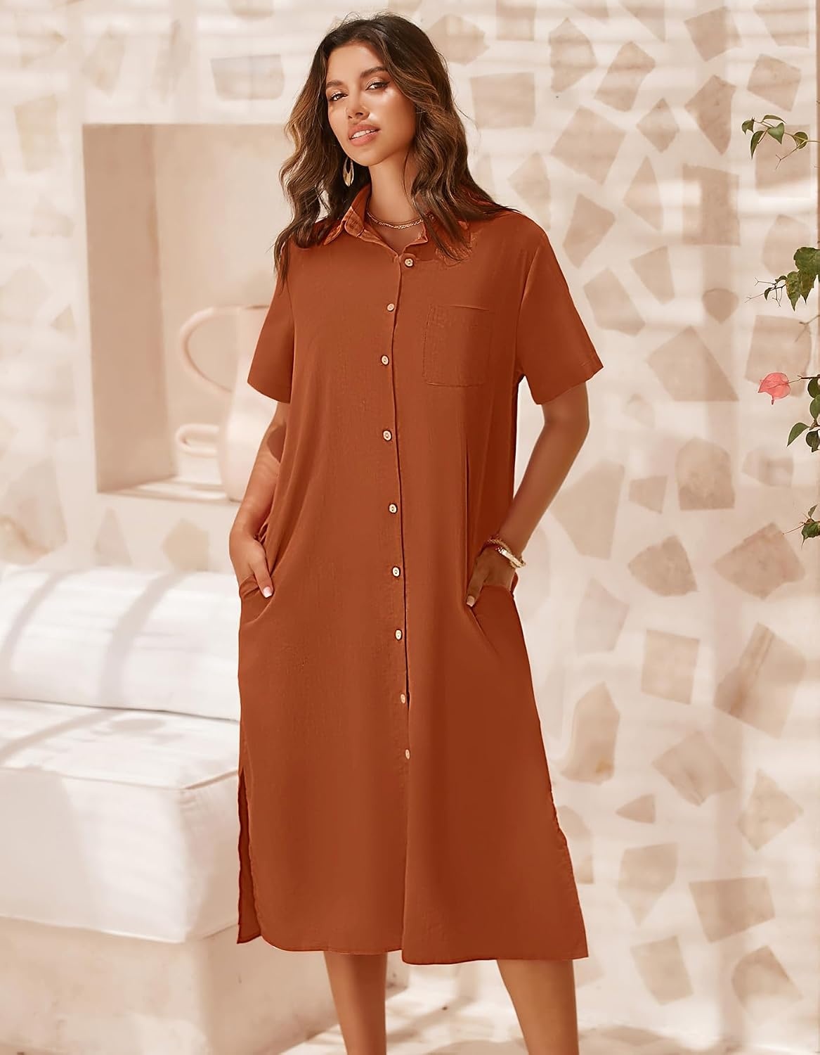 image:imageZeagoo Women Dresses Summer Casual Short Sleeve Button Down Shirt Dresses 2026 Beach Cover Up with PocketsBrick Red