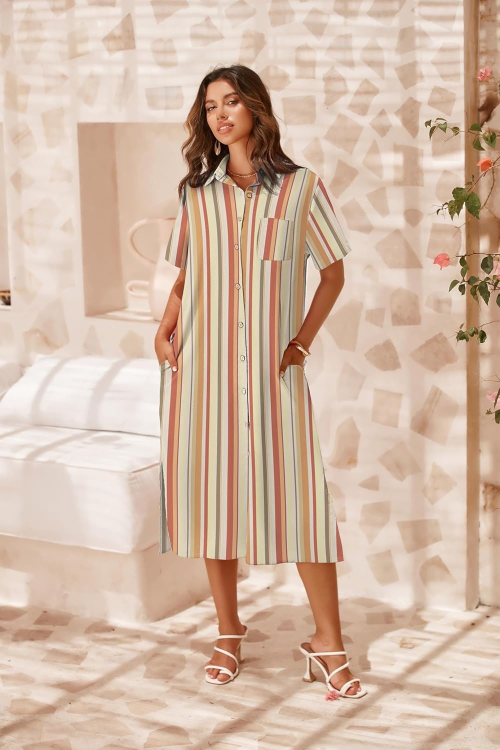 image:imageZeagoo Women Dresses Summer Casual Short Sleeve Button Down Shirt Dresses 2026 Beach Cover Up with PocketsKhaki Stripe