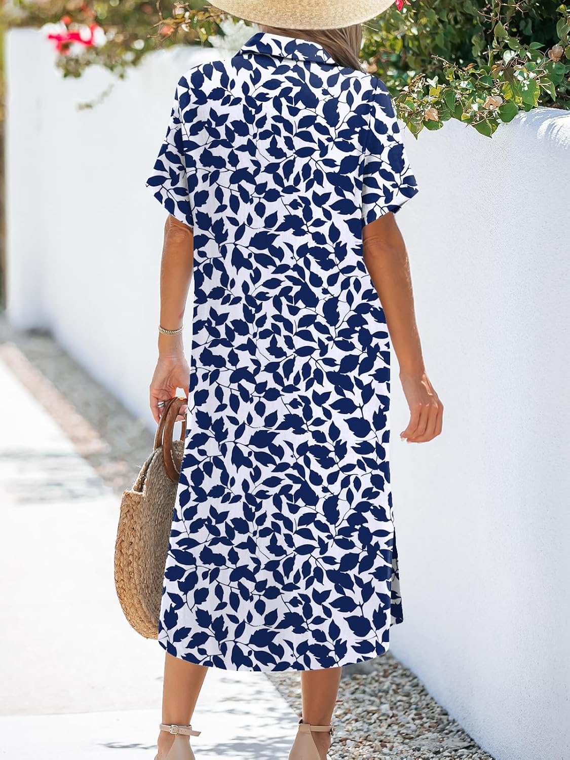 image:imageZeagoo Women Dresses Summer Casual Short Sleeve Button Down Shirt Dresses 2026 Beach Cover Up with PocketsLeaf Print
