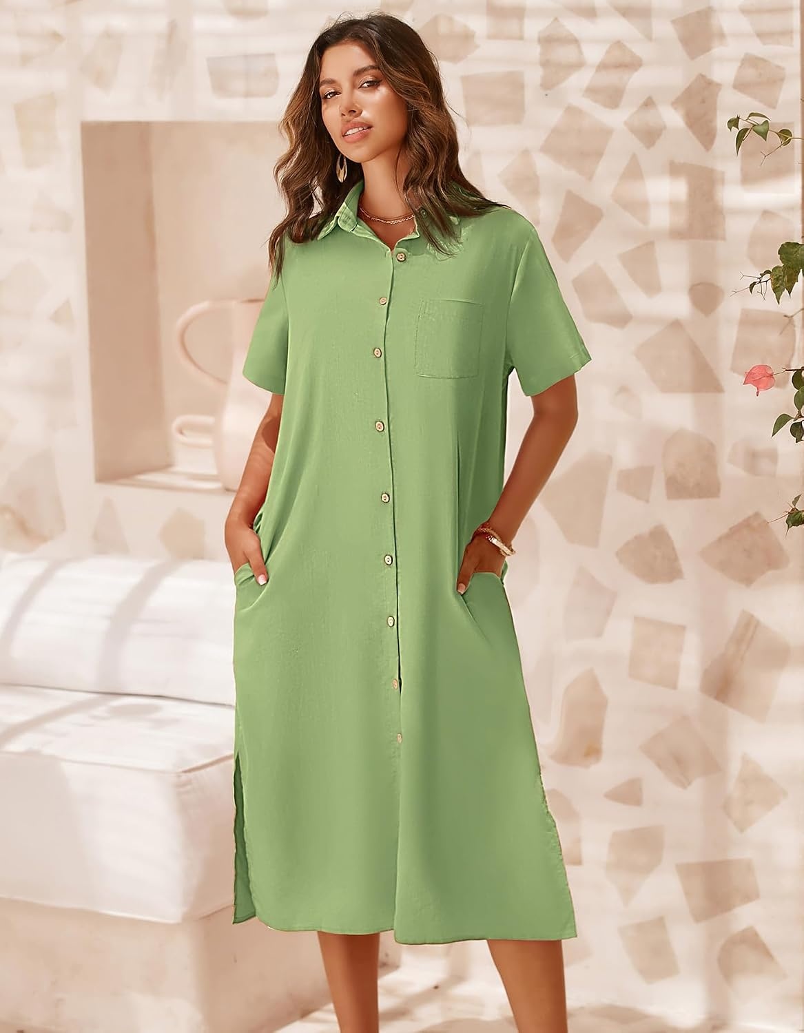 image:imageZeagoo Women Dresses Summer Casual Short Sleeve Button Down Shirt Dresses 2026 Beach Cover Up with PocketsLight Green