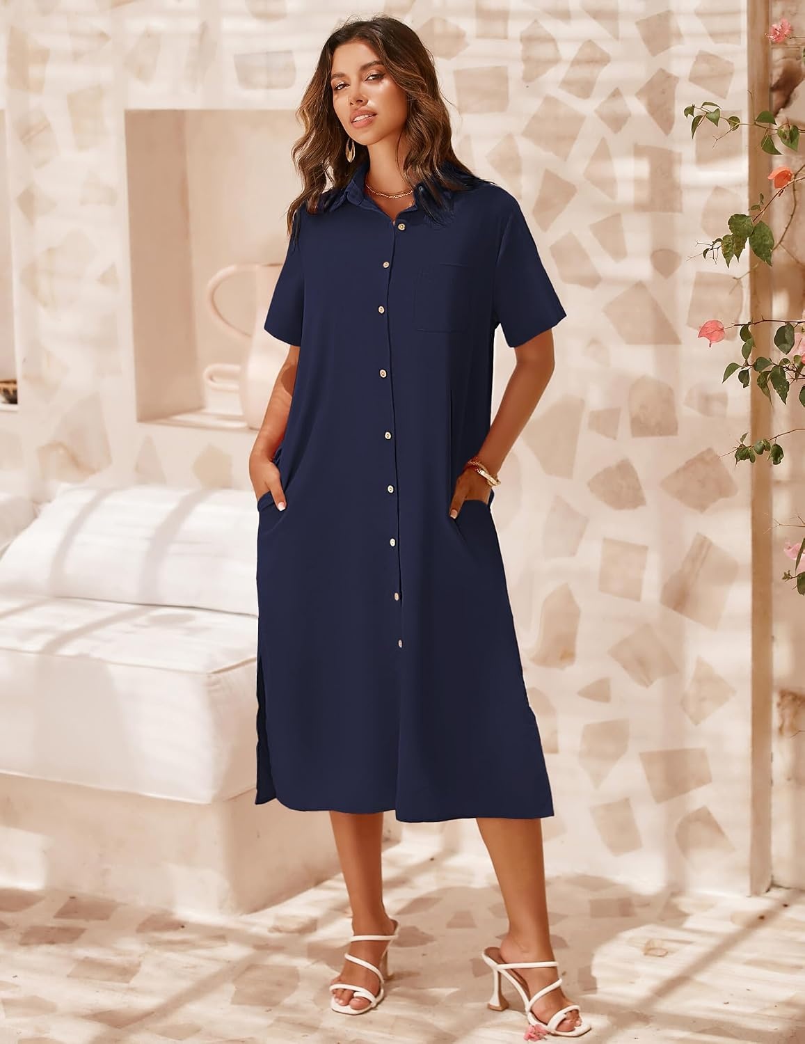 image:imageZeagoo Women Dresses Summer Casual Short Sleeve Button Down Shirt Dresses 2026 Beach Cover Up with PocketsNavy Blue