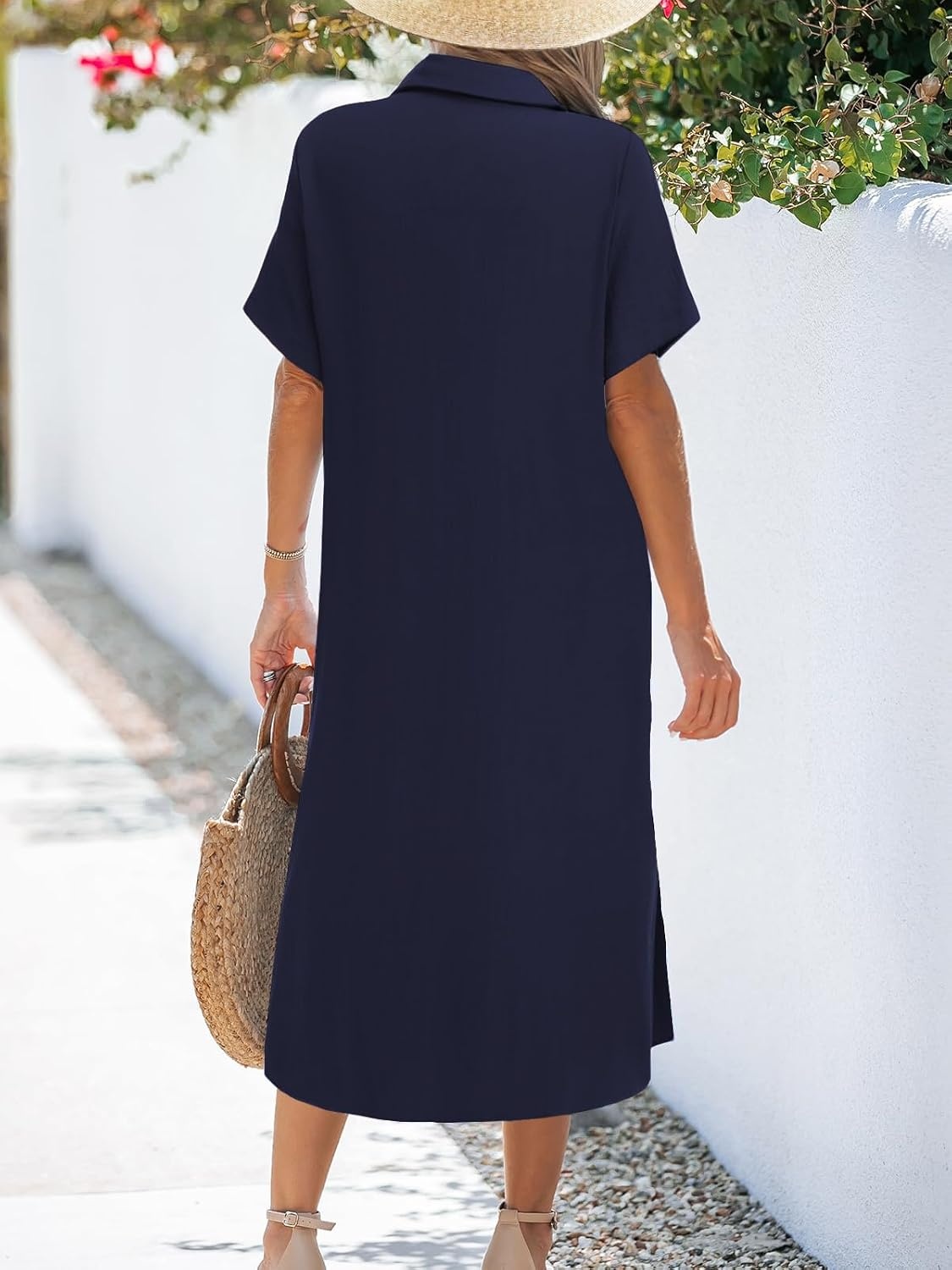 image:imageZeagoo Women Dresses Summer Casual Short Sleeve Button Down Shirt Dresses 2026 Beach Cover Up with PocketsNavy Blue