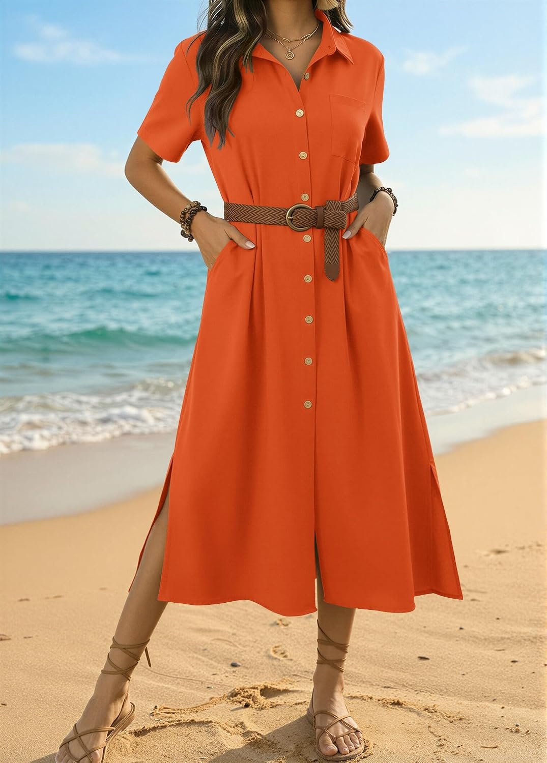 image:imageZeagoo Women Dresses Summer Casual Short Sleeve Button Down Shirt Dresses 2026 Beach Cover Up with PocketsOrange