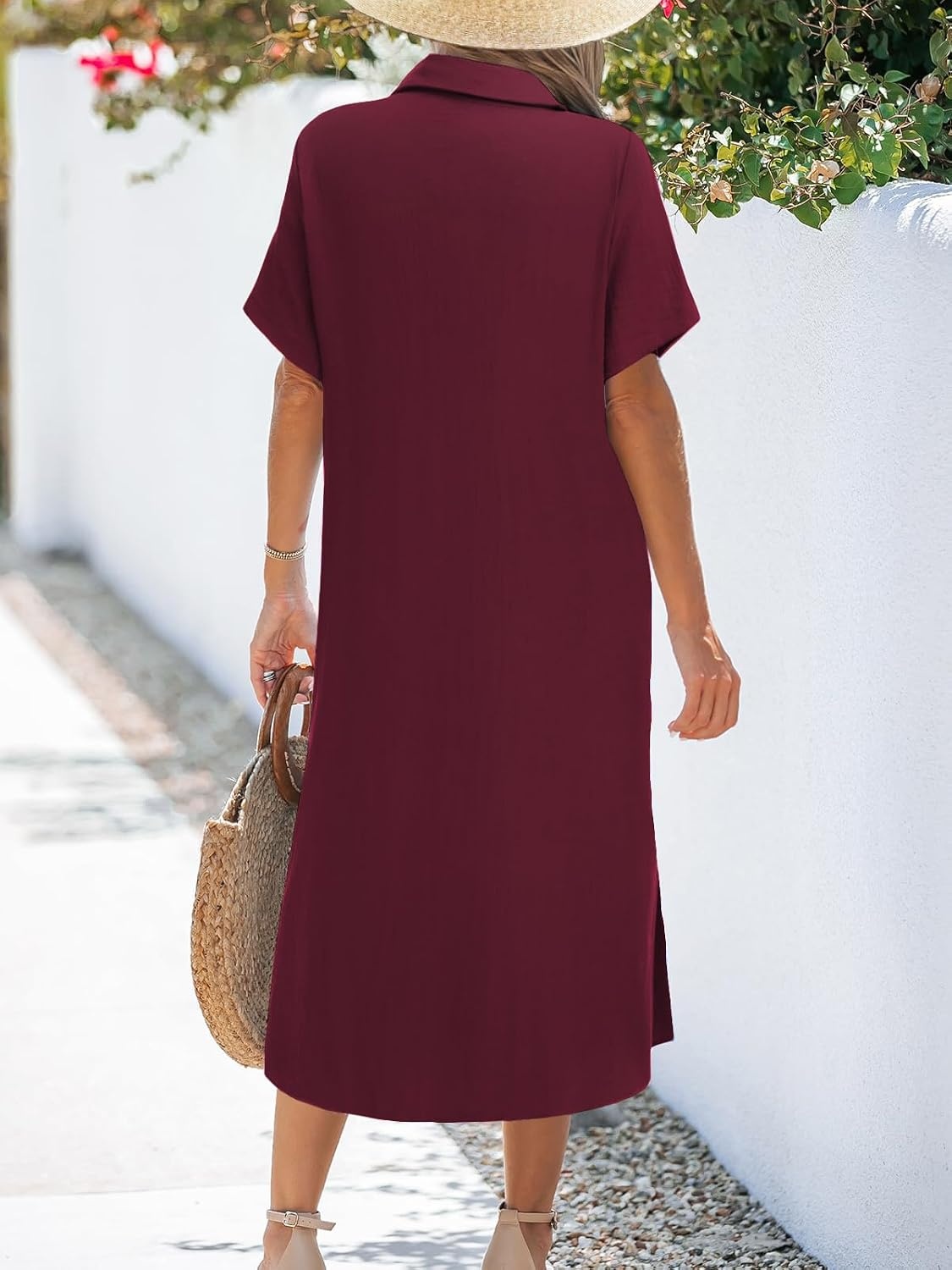 image:imageZeagoo Women Dresses Summer Casual Short Sleeve Button Down Shirt Dresses 2026 Beach Cover Up with PocketsWine Red