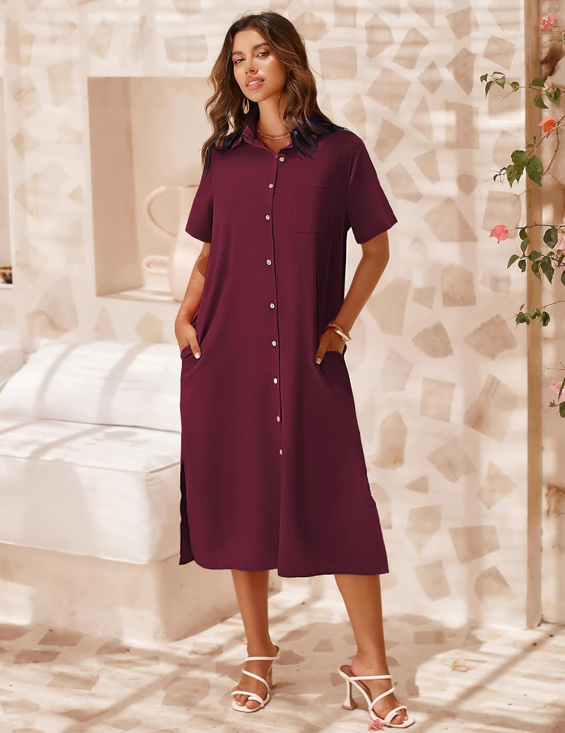 image:imageZeagoo Women Dresses Summer Casual Short Sleeve Button Down Shirt Dresses 2026 Beach Cover Up with PocketsWine Red