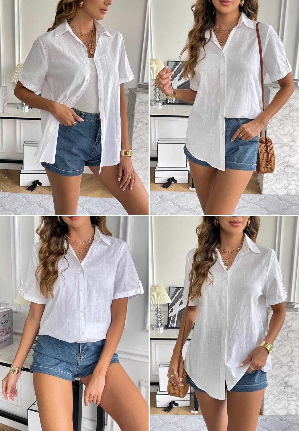 image:imageZeagoo Women Linen Button Down Shirt Rolled Cuffed Short Sleeve Blouse Ladies Summer Casual V Neck Beach Cotton TopsAawhite