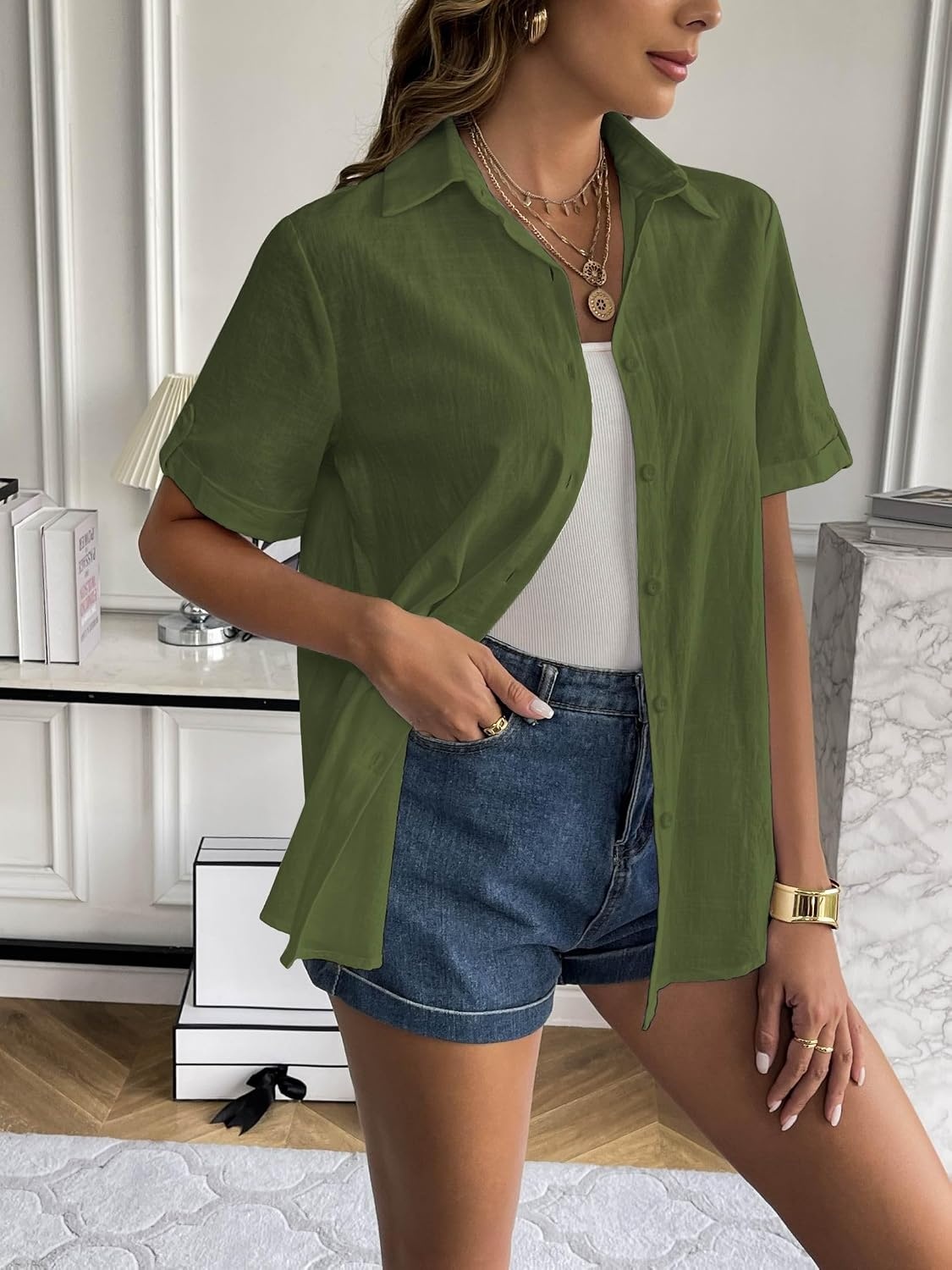 image:imageZeagoo Women Linen Button Down Shirt Rolled Cuffed Short Sleeve Blouse Ladies Summer Casual V Neck Beach Cotton TopsArmy Green