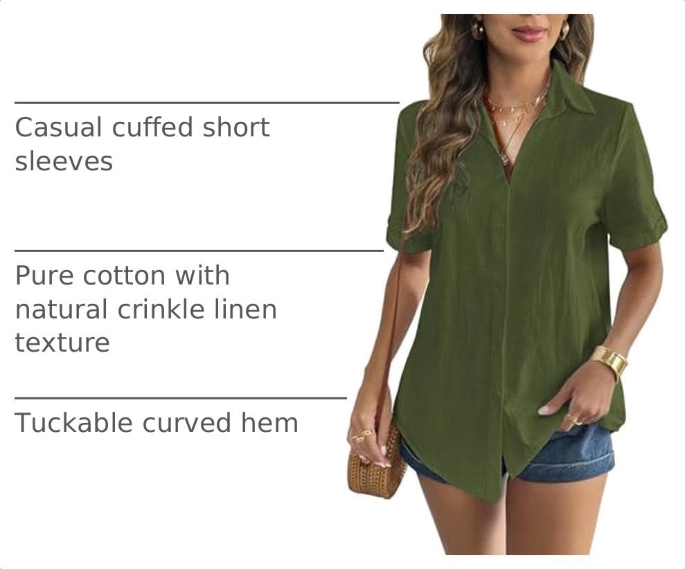 image:imageZeagoo Women Linen Button Down Shirt Rolled Cuffed Short Sleeve Blouse Ladies Summer Casual V Neck Beach Cotton TopsArmy Green