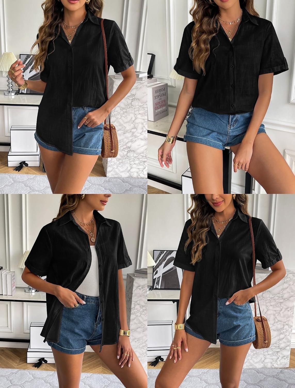 image:imageZeagoo Women Linen Button Down Shirt Rolled Cuffed Short Sleeve Blouse Ladies Summer Casual V Neck Beach Cotton TopsBblack