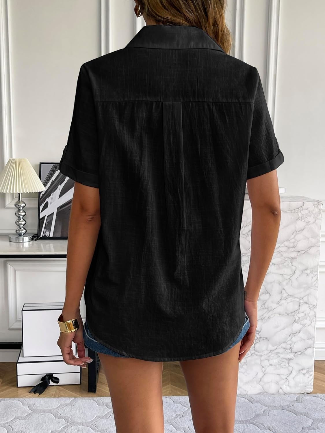 image:imageZeagoo Women Linen Button Down Shirt Rolled Cuffed Short Sleeve Blouse Ladies Summer Casual V Neck Beach Cotton TopsBblack