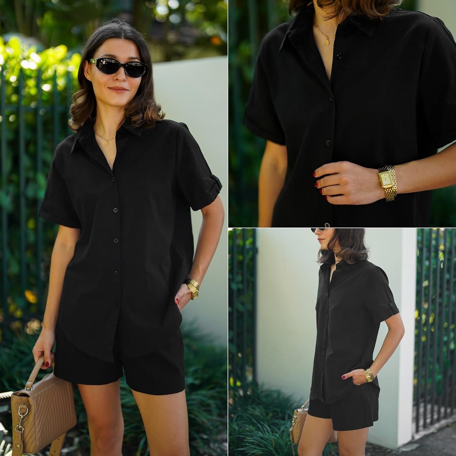image:imageZeagoo Women Linen Button Down Shirt Rolled Cuffed Short Sleeve Blouse Ladies Summer Casual V Neck Beach Cotton TopsBblack