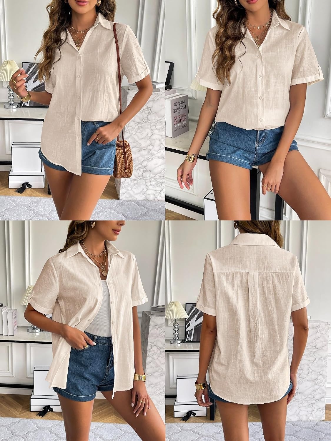 image:imageZeagoo Women Linen Button Down Shirt Rolled Cuffed Short Sleeve Blouse Ladies Summer Casual V Neck Beach Cotton TopsDlight Khaki