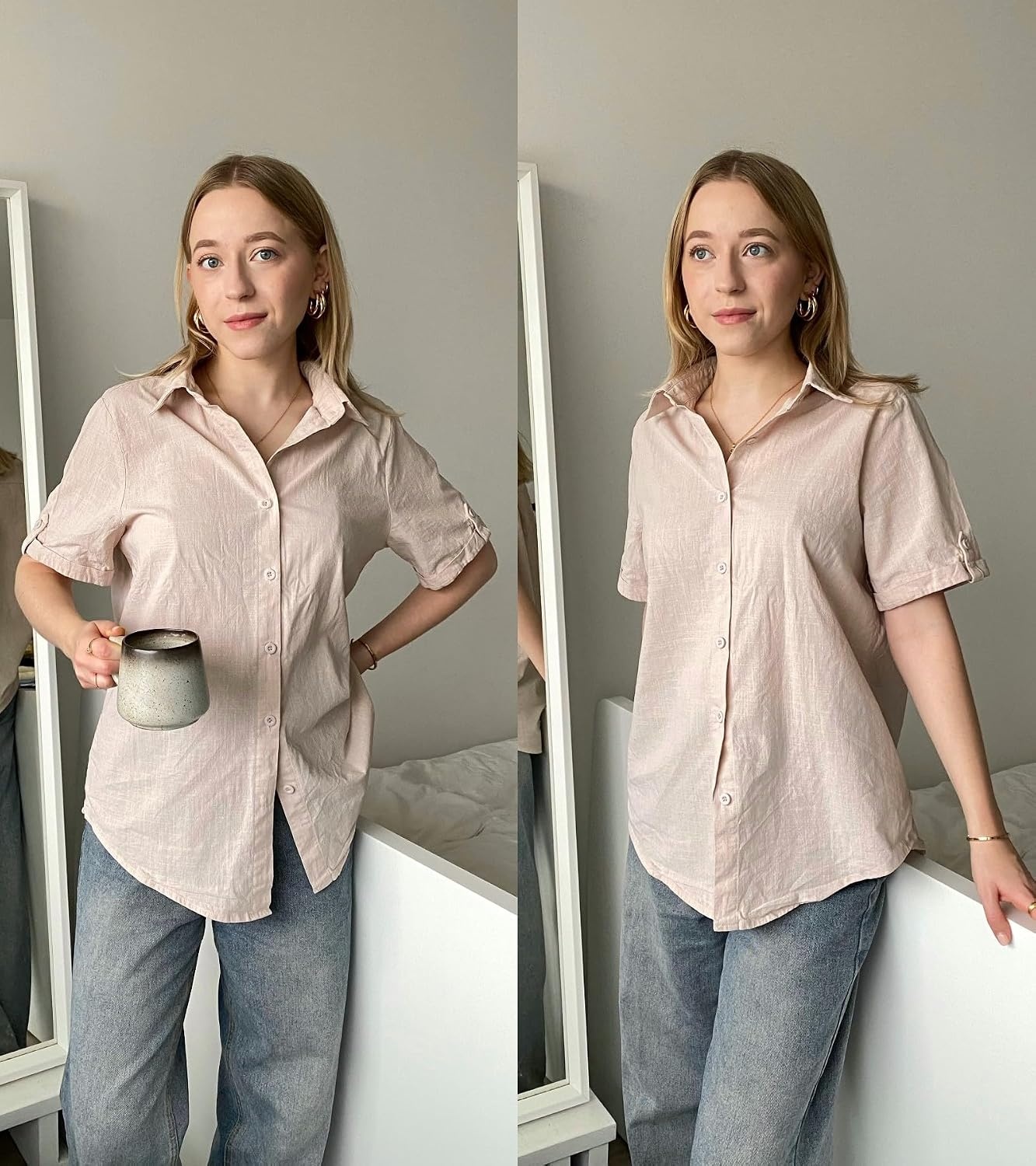 image:imageZeagoo Women Linen Button Down Shirt Rolled Cuffed Short Sleeve Blouse Ladies Summer Casual V Neck Beach Cotton TopsDlight Khaki