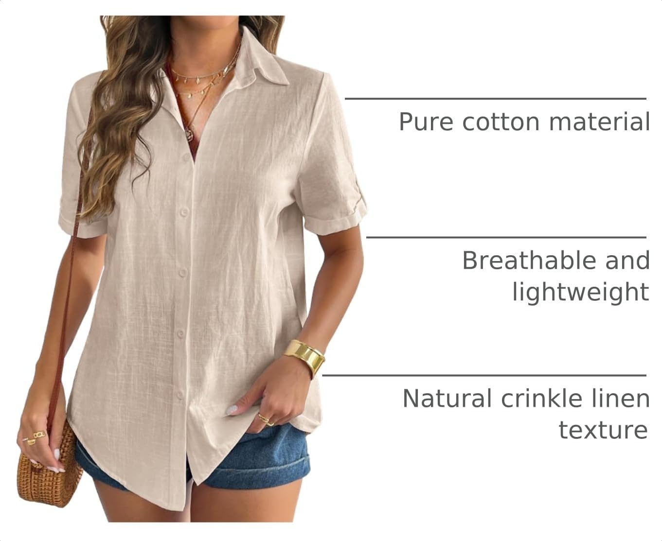 image:imageZeagoo Women Linen Button Down Shirt Rolled Cuffed Short Sleeve Blouse Ladies Summer Casual V Neck Beach Cotton TopsDlight Khaki