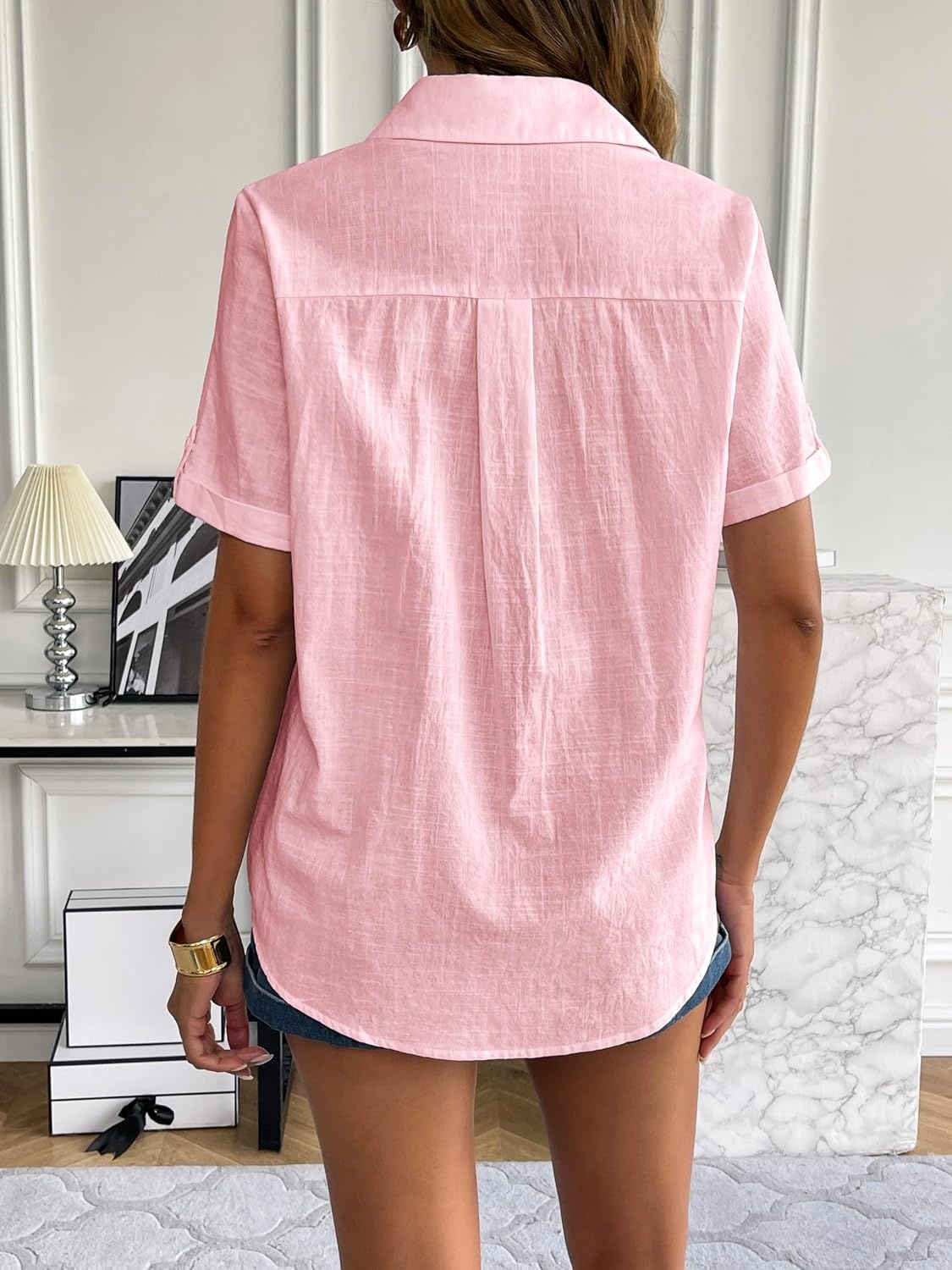 image:imageZeagoo Women Linen Button Down Shirt Rolled Cuffed Short Sleeve Blouse Ladies Summer Casual V Neck Beach Cotton TopsEsoft Pink