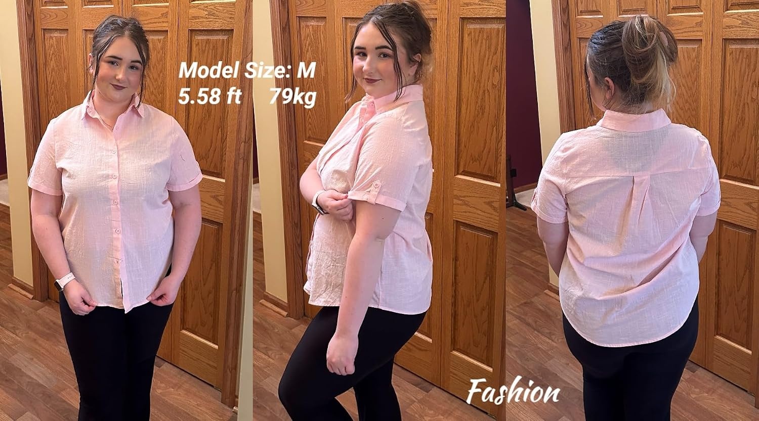 image:imageZeagoo Women Linen Button Down Shirt Rolled Cuffed Short Sleeve Blouse Ladies Summer Casual V Neck Beach Cotton TopsEsoft Pink