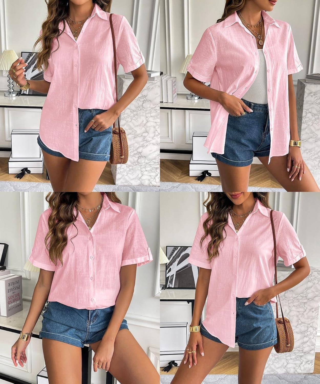 image:imageZeagoo Women Linen Button Down Shirt Rolled Cuffed Short Sleeve Blouse Ladies Summer Casual V Neck Beach Cotton TopsEsoft Pink
