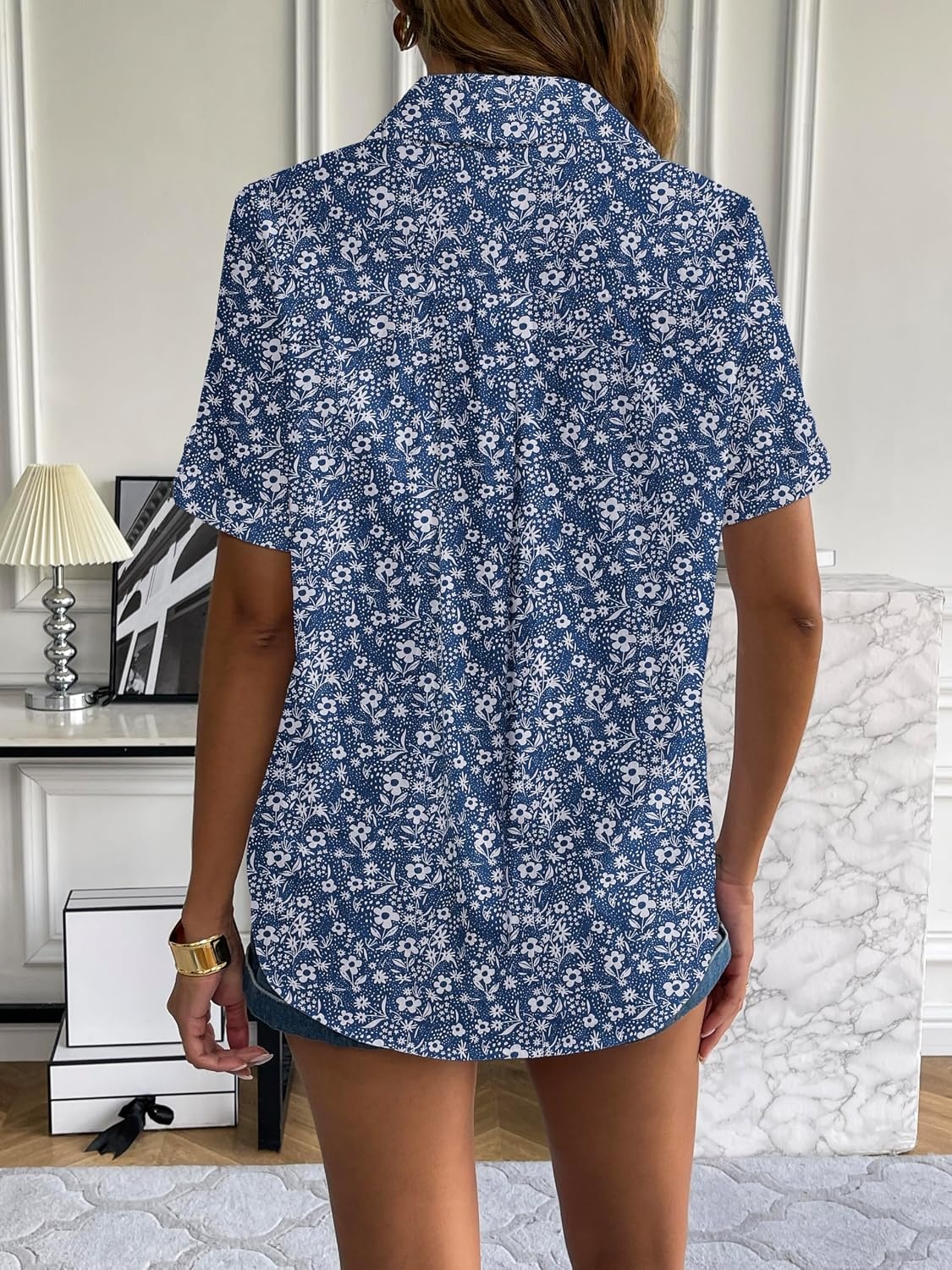 image:imageZeagoo Women Linen Button Down Shirt Rolled Cuffed Short Sleeve Blouse Ladies Summer Casual V Neck Beach Cotton TopsFloral Blue