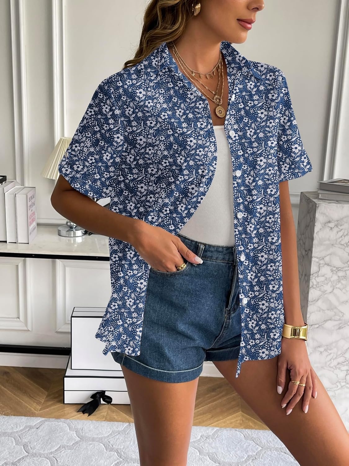 image:imageZeagoo Women Linen Button Down Shirt Rolled Cuffed Short Sleeve Blouse Ladies Summer Casual V Neck Beach Cotton TopsFloral Blue