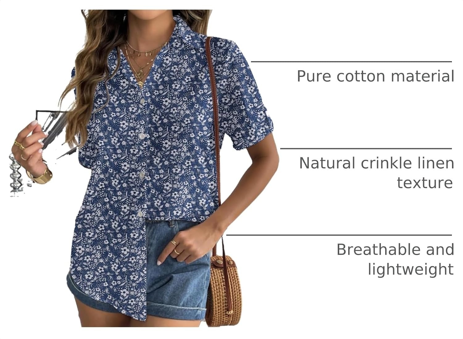 image:imageZeagoo Women Linen Button Down Shirt Rolled Cuffed Short Sleeve Blouse Ladies Summer Casual V Neck Beach Cotton TopsFloral Blue