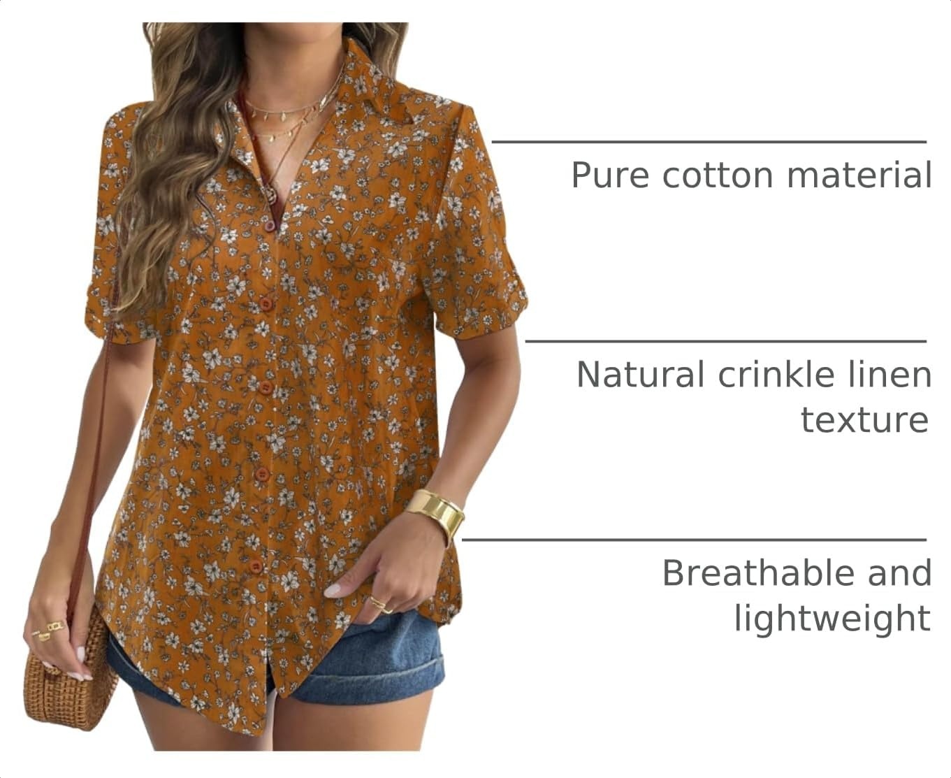 image:imageZeagoo Women Linen Button Down Shirt Rolled Cuffed Short Sleeve Blouse Ladies Summer Casual V Neck Beach Cotton TopsFloral Brown
