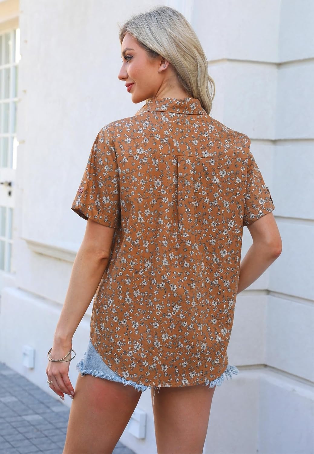 image:imageZeagoo Women Linen Button Down Shirt Rolled Cuffed Short Sleeve Blouse Ladies Summer Casual V Neck Beach Cotton TopsFloral Brown
