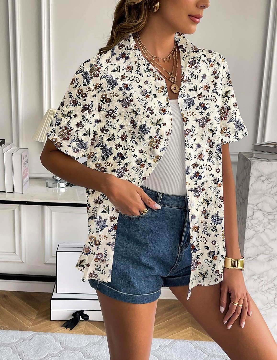 image:imageZeagoo Women Linen Button Down Shirt Rolled Cuffed Short Sleeve Blouse Ladies Summer Casual V Neck Beach Cotton TopsFloral Cream