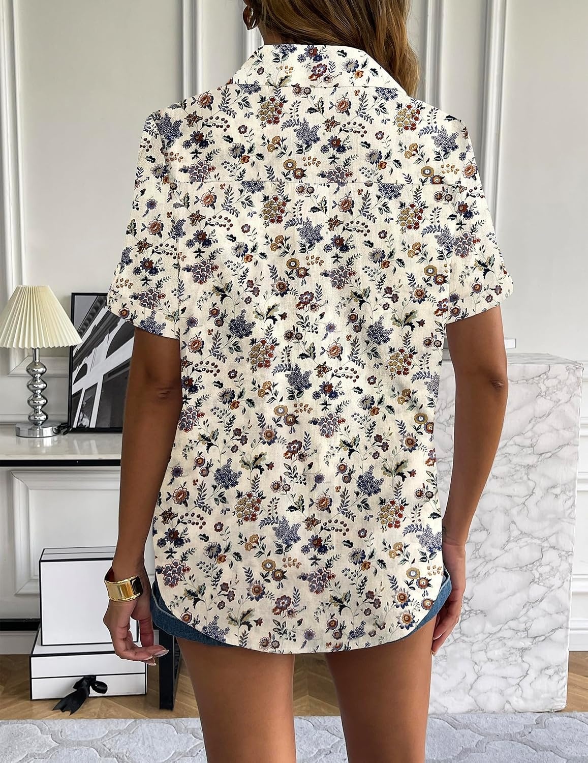 image:imageZeagoo Women Linen Button Down Shirt Rolled Cuffed Short Sleeve Blouse Ladies Summer Casual V Neck Beach Cotton TopsFloral Cream