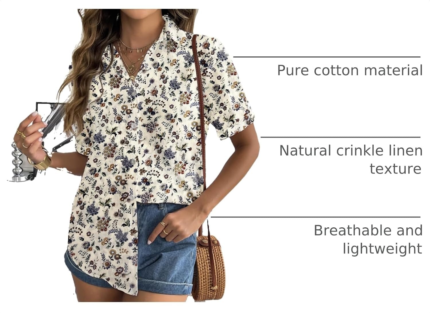 image:imageZeagoo Women Linen Button Down Shirt Rolled Cuffed Short Sleeve Blouse Ladies Summer Casual V Neck Beach Cotton TopsFloral Cream