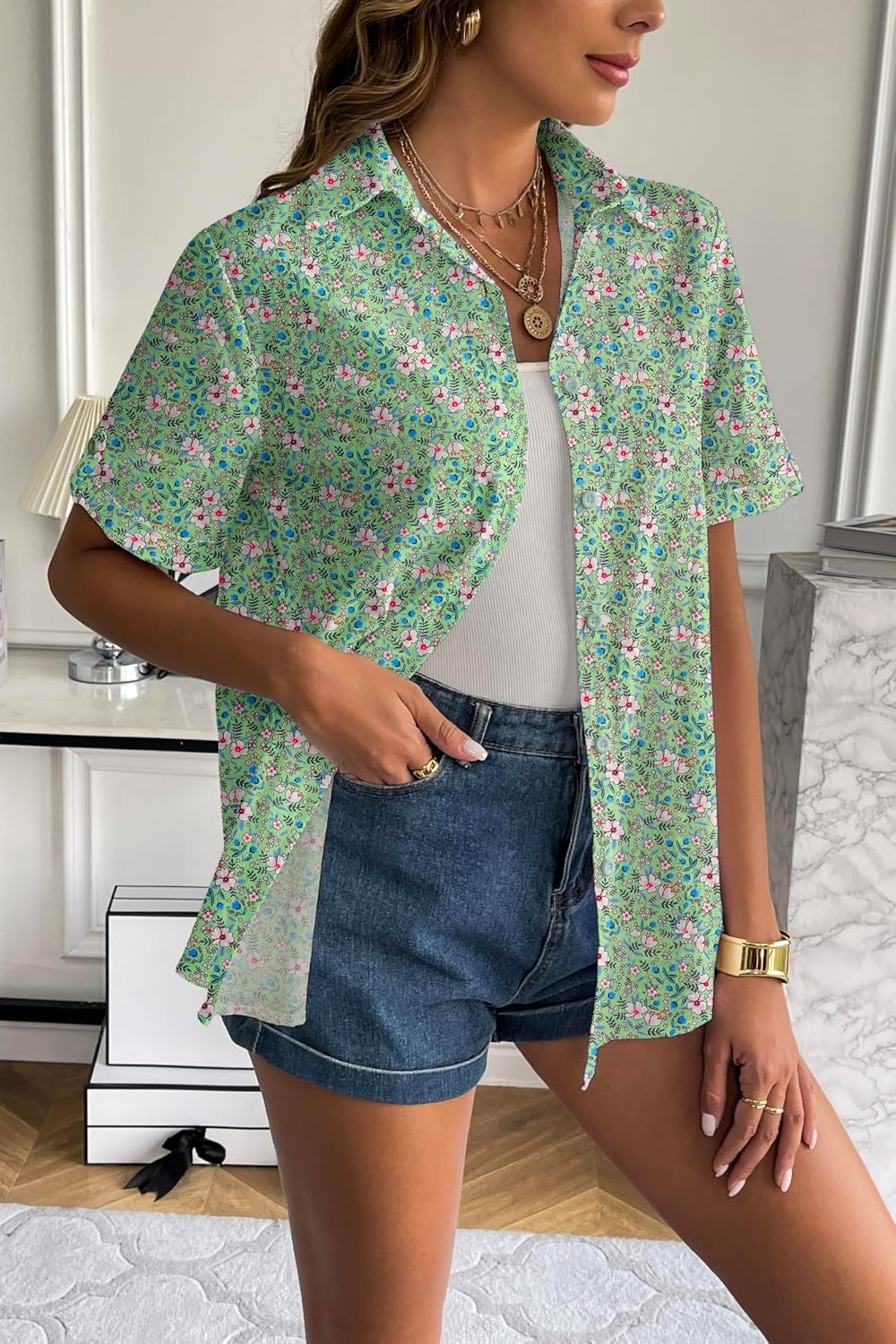 image:imageZeagoo Women Linen Button Down Shirt Rolled Cuffed Short Sleeve Blouse Ladies Summer Casual V Neck Beach Cotton TopsFloral Green