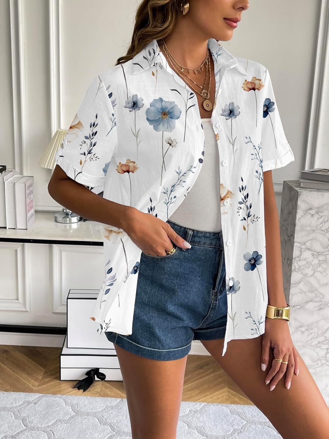 image:imageZeagoo Women Linen Button Down Shirt Rolled Cuffed Short Sleeve Blouse Ladies Summer Casual V Neck Beach Cotton TopsFloral White