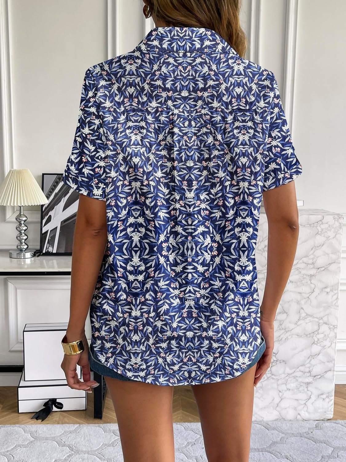 image:imageZeagoo Women Linen Button Down Shirt Rolled Cuffed Short Sleeve Blouse Ladies Summer Casual V Neck Beach Cotton TopsGtropical Navy