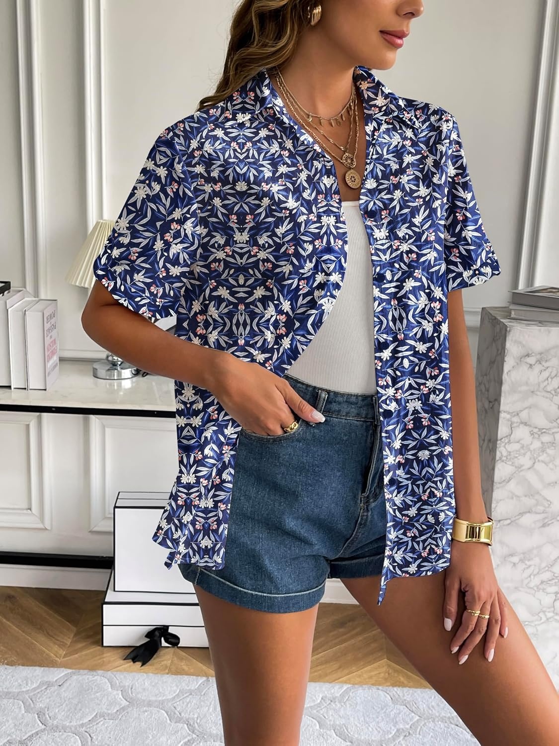 image:imageZeagoo Women Linen Button Down Shirt Rolled Cuffed Short Sleeve Blouse Ladies Summer Casual V Neck Beach Cotton TopsGtropical Navy