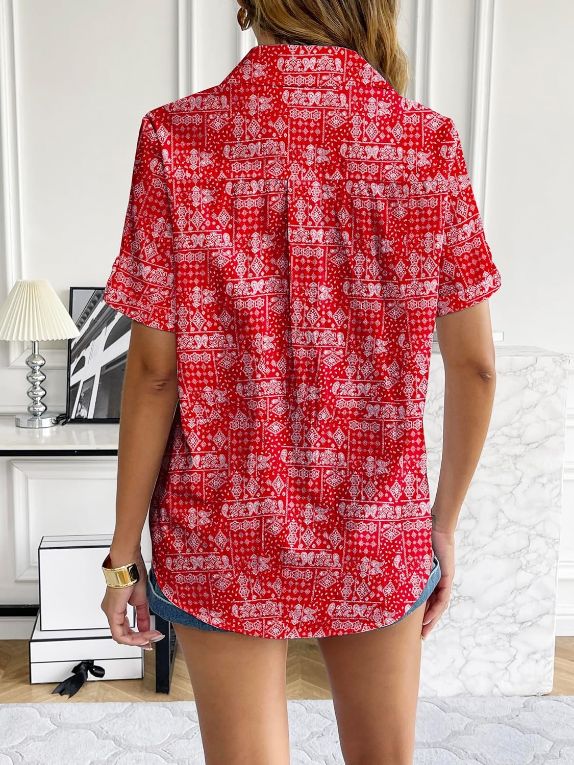 image:imageZeagoo Women Linen Button Down Shirt Rolled Cuffed Short Sleeve Blouse Ladies Summer Casual V Neck Beach Cotton TopsHboho Floral Red