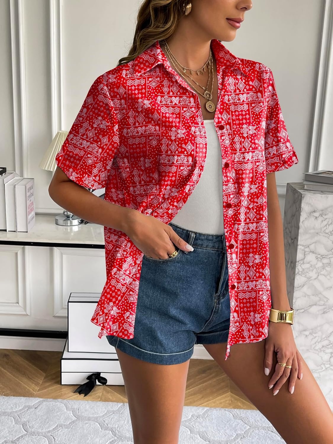 image:imageZeagoo Women Linen Button Down Shirt Rolled Cuffed Short Sleeve Blouse Ladies Summer Casual V Neck Beach Cotton TopsHboho Floral Red