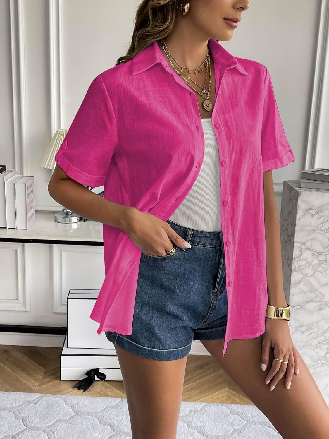 image:imageZeagoo Women Linen Button Down Shirt Rolled Cuffed Short Sleeve Blouse Ladies Summer Casual V Neck Beach Cotton TopsHot Pink