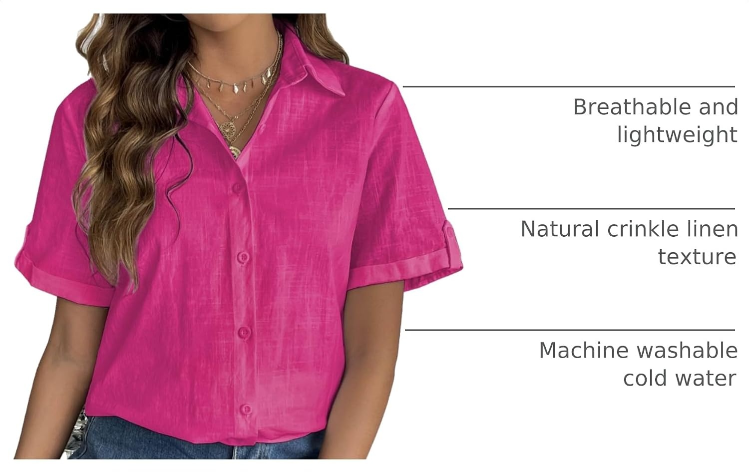 image:imageZeagoo Women Linen Button Down Shirt Rolled Cuffed Short Sleeve Blouse Ladies Summer Casual V Neck Beach Cotton TopsHot Pink