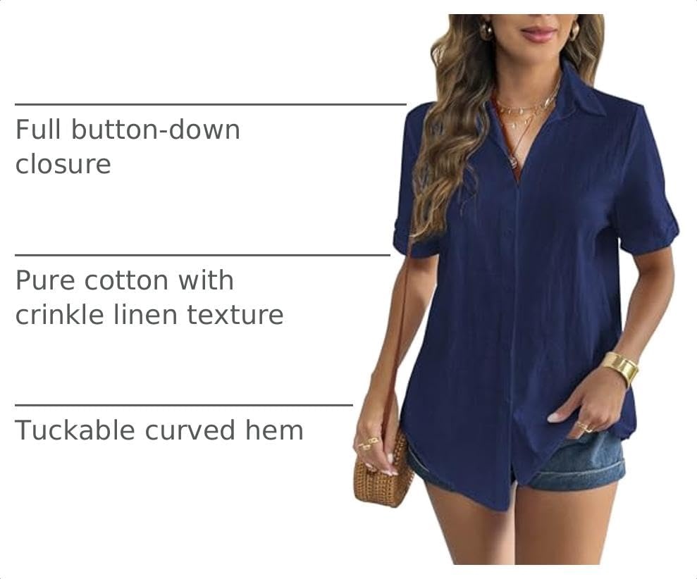 image:imageZeagoo Women Linen Button Down Shirt Rolled Cuffed Short Sleeve Blouse Ladies Summer Casual V Neck Beach Cotton TopsNavy