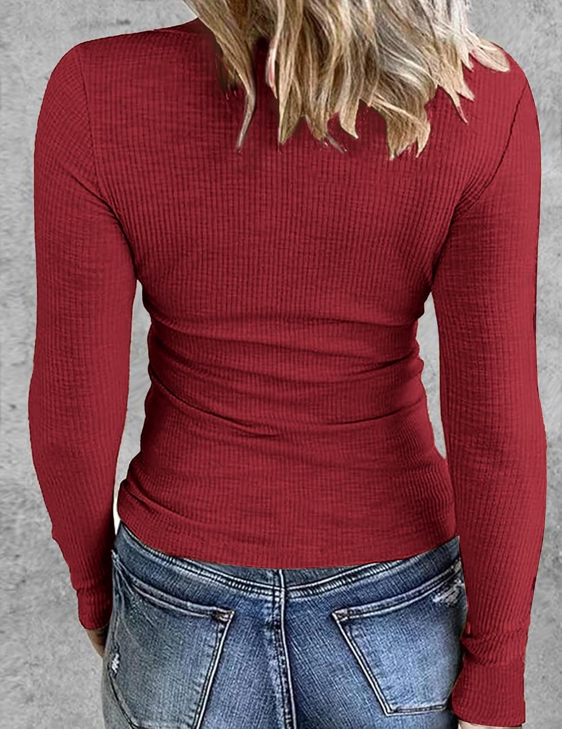 image:imageZeagoo Women Long Sleeve Shirts Ribbed Slim Fit Tops Crewneck Basic TeeWine Red