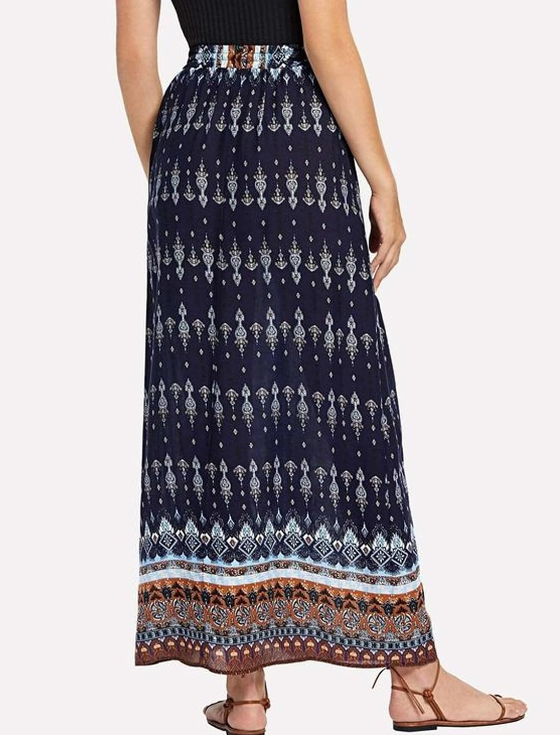 image:imageZeagoo Womens 2026 Boho Floral Skirt Casual Elastic High Waist Maxi Skirts Flowy A Line Beach Long Skirt with Side PocketsBlack Navy