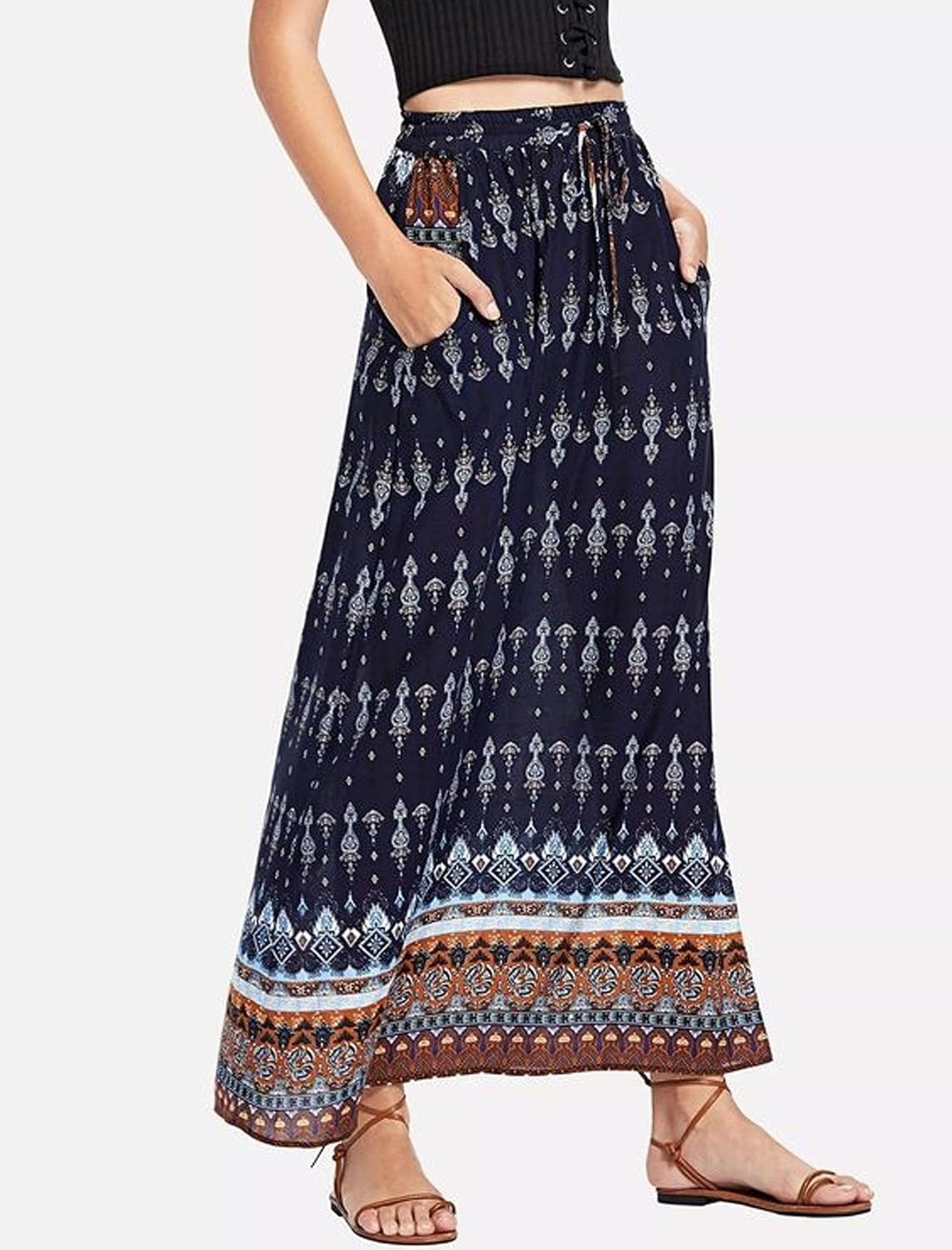 image:imageZeagoo Womens 2026 Boho Floral Skirt Casual Elastic High Waist Maxi Skirts Flowy A Line Beach Long Skirt with Side PocketsBlack Navy