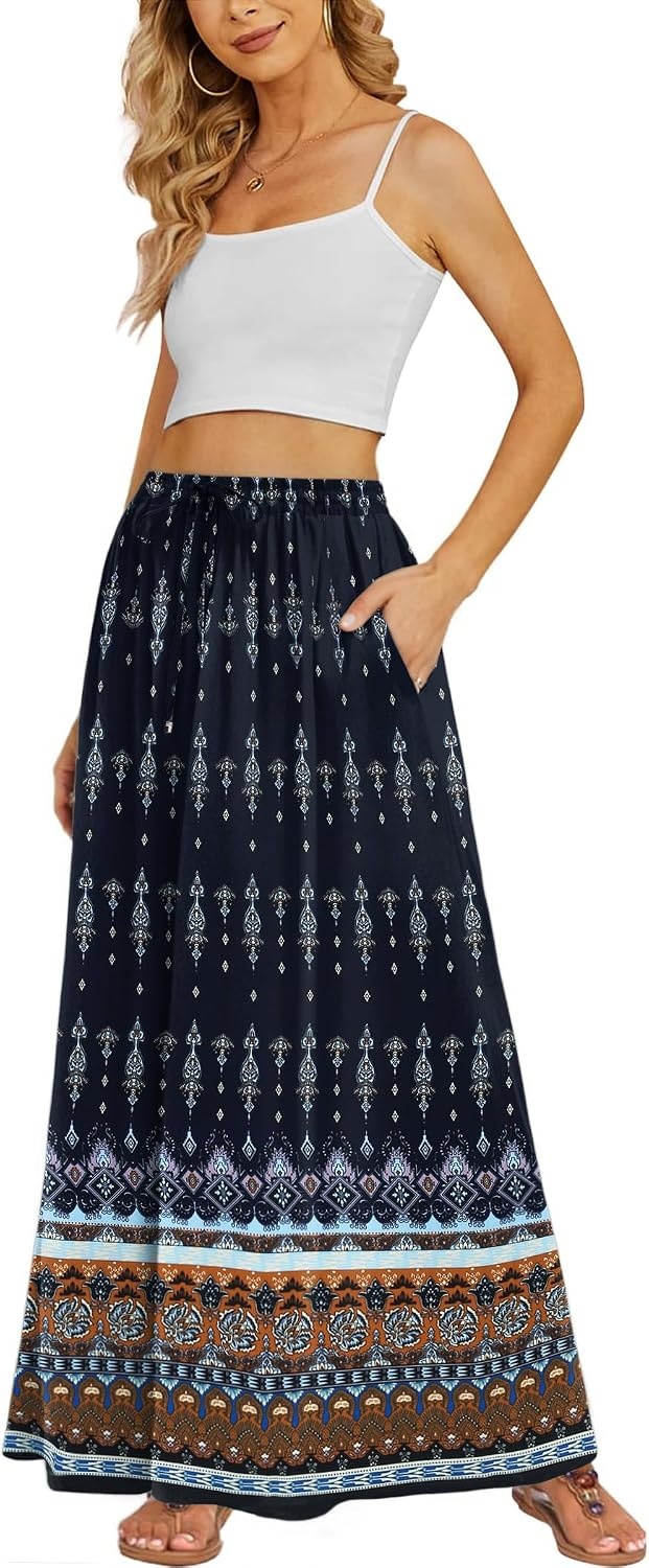 image:imageZeagoo Womens 2026 Boho Floral Skirt Casual Elastic High Waist Maxi Skirts Flowy A Line Beach Long Skirt with Side PocketsBlack Navy