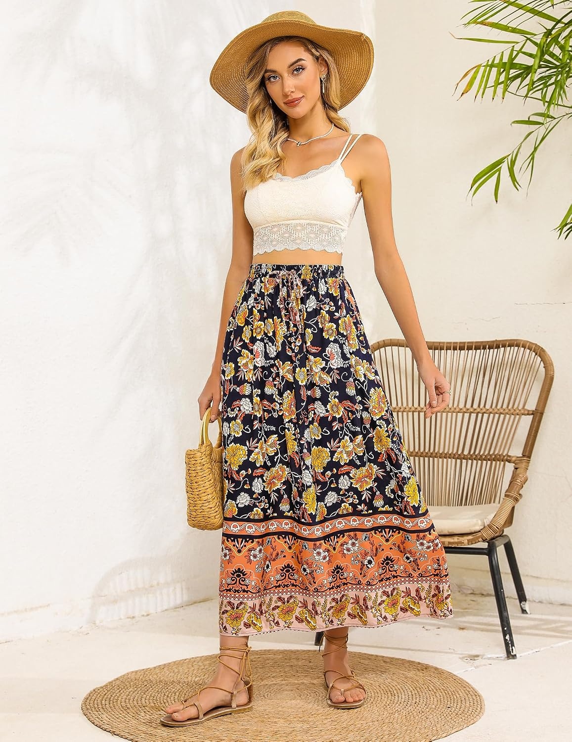 image:imageZeagoo Womens 2026 Boho Floral Skirt Casual Elastic High Waist Maxi Skirts Flowy A Line Beach Long Skirt with Side PocketsBlack Yellow