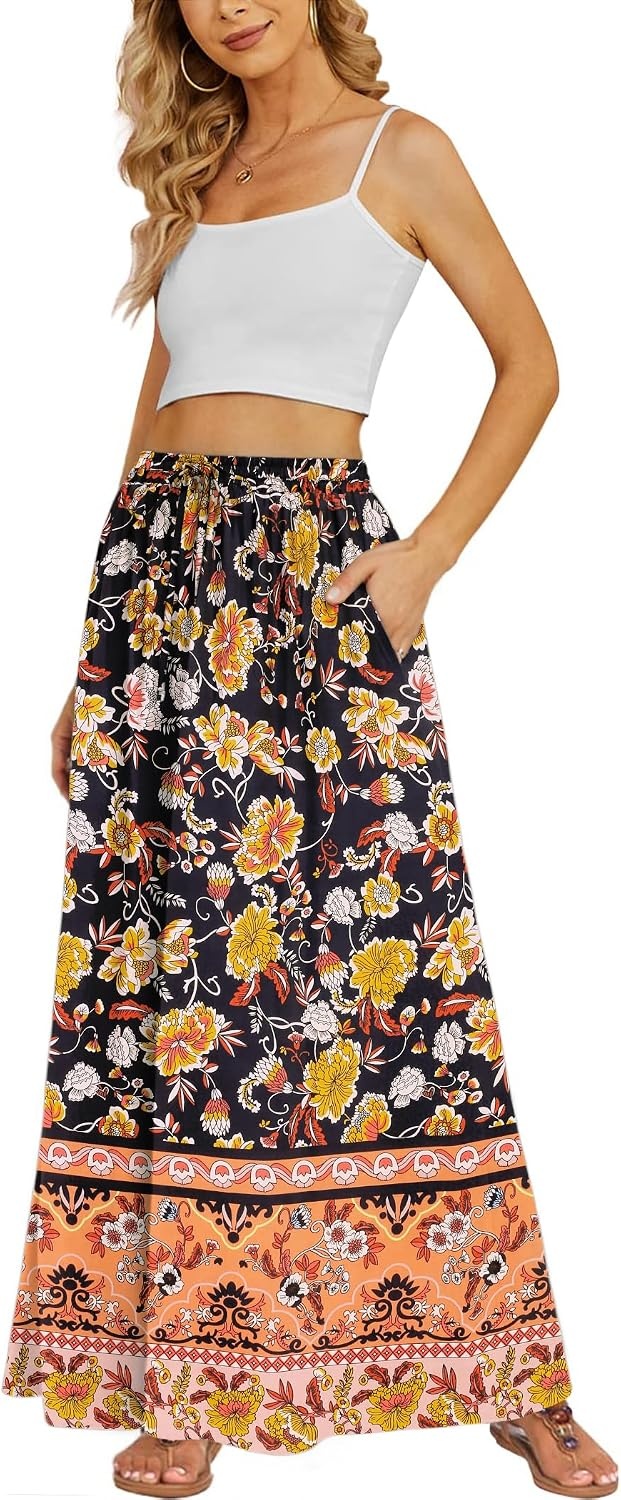 image:imageZeagoo Womens 2026 Boho Floral Skirt Casual Elastic High Waist Maxi Skirts Flowy A Line Beach Long Skirt with Side PocketsBlack Yellow