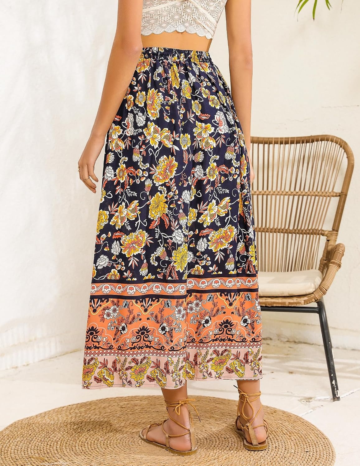 image:imageZeagoo Womens 2026 Boho Floral Skirt Casual Elastic High Waist Maxi Skirts Flowy A Line Beach Long Skirt with Side PocketsBlack Yellow
