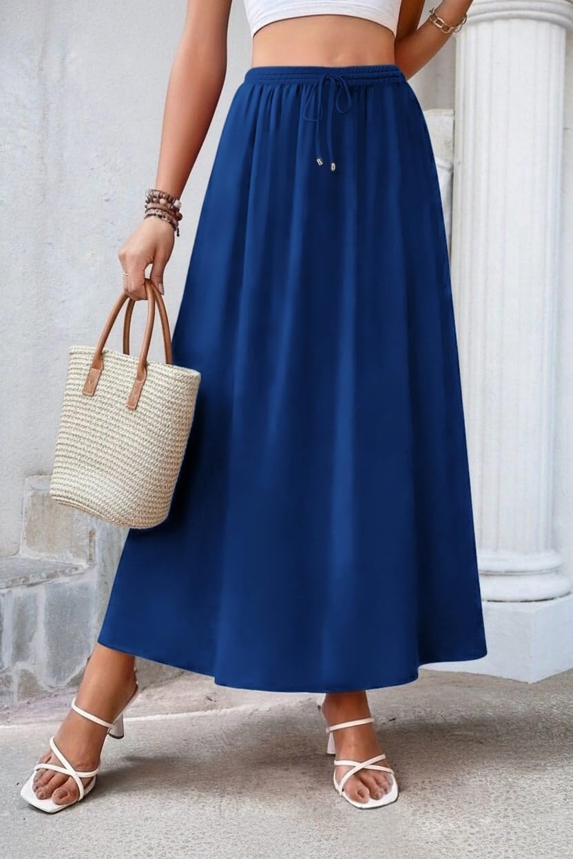 image:imageZeagoo Womens 2026 Boho Floral Skirt Casual Elastic High Waist Maxi Skirts Flowy A Line Beach Long Skirt with Side PocketsBlue Color